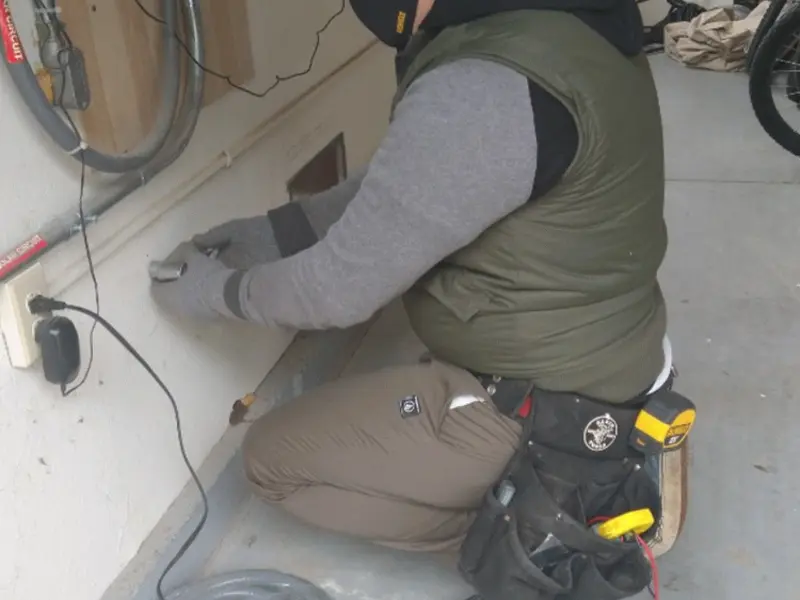 Electrician performing outlet wiring in a Norcross garage